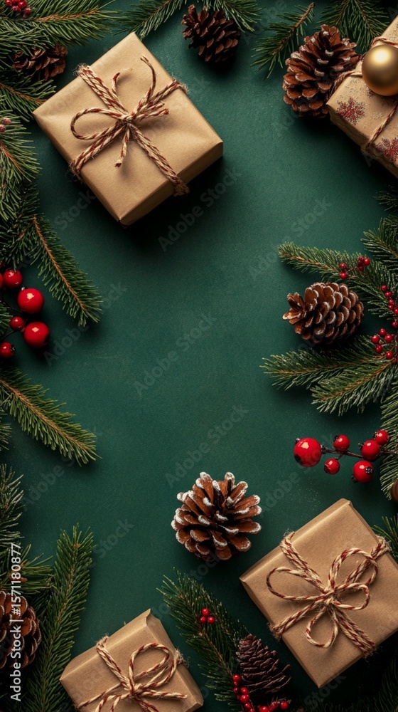 Obraz premium Festive Christmas scene with wrapped gifts, pine cones, and holly berries arranged on a deep green background, creating a cozy and elegant holiday composition