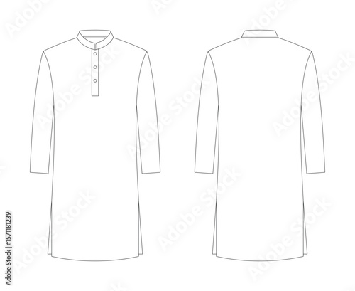 flat sketch of men's kurta with button placket and long sleeves, front and back view. Ideal for fashion design, ethnic wear tech packs, garment pattern templates, and apparel production.