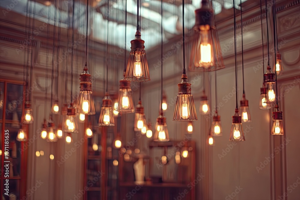Obraz premium Warm, antique-style light bulbs hang from a high ceiling, casting a soft glow in a vintage room