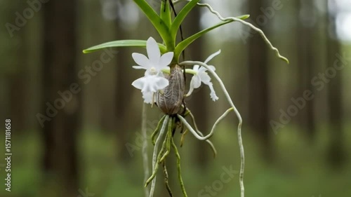 White lily of the valley flowers with green leaves blossom in a spring forest