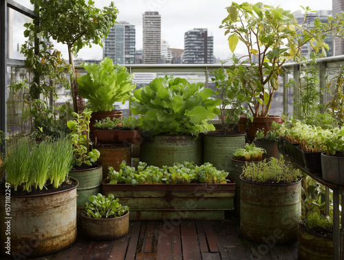 Green Urban Balcony Garden with Mixed Edible Plants in Recycled Containers
