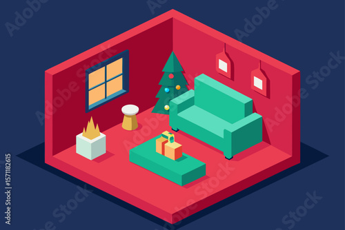 Isometric Christmas Living Room With Neat Arrangement