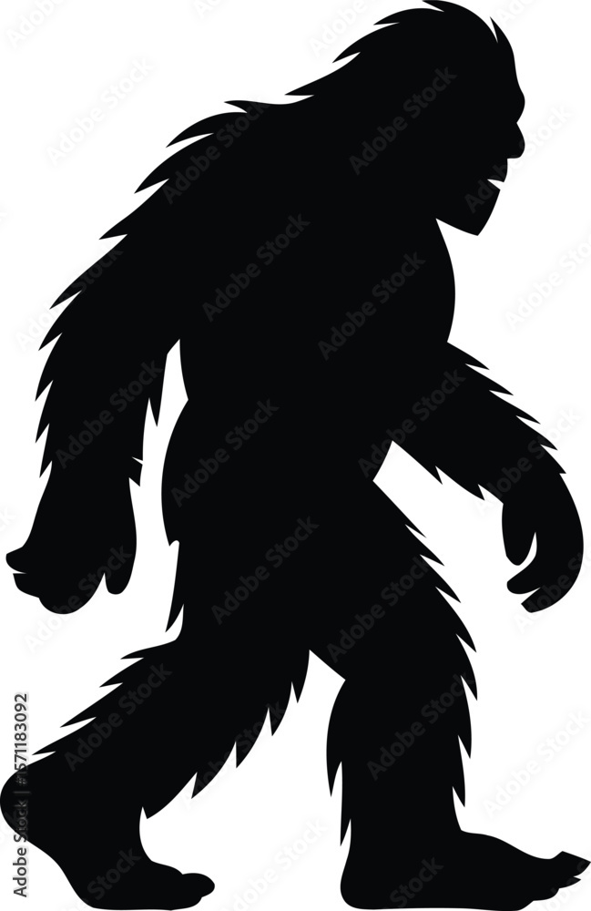 Fototapeta premium Silhouette of a walking bigfoot creature with shaggy fur 