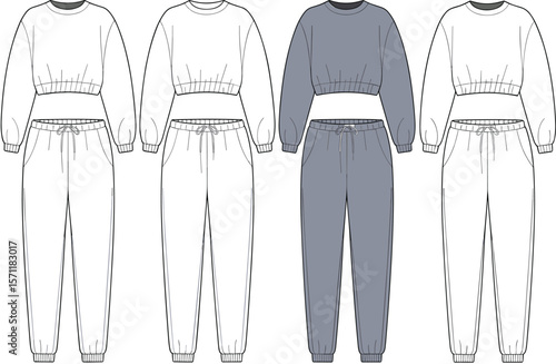 Women's Cozy Loungewear Co-ord Set Flat Fashion Sketch, Cropped Sweatshirt and Jogger Pants Design Template, Comfortable Athleisure Apparel for Relaxed Everyday Wear, Vector Illustration.