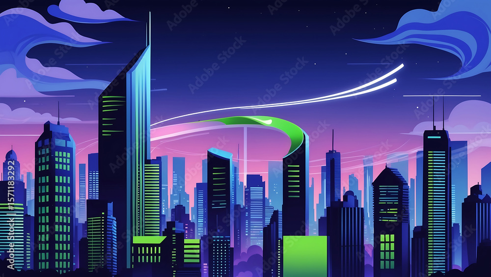 Naklejka premium Stylized cityscape illustration depicting modern buildings under a vibrant night sky