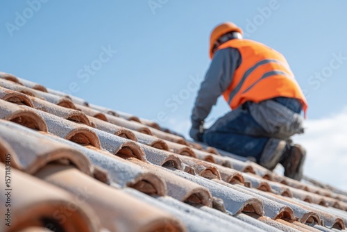 Wallpaper Mural Worker repairing roof tiles under clear blue sky, showcasing cra Torontodigital.ca