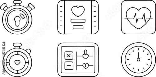 Fitness tracking and workout app icon set, includes heart monitor, step counter, goal tracker, timer, exercise plan, burned calories, editable flat health design