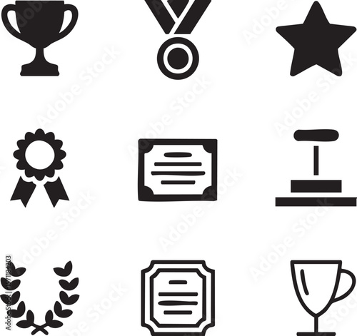 Black and white achievement symbols icon set featuring trophy medal award certificate and laurel wreath minimalist design