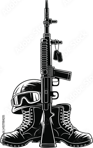 Military soldier gear including rifle helmet goggles and boots with dog tags