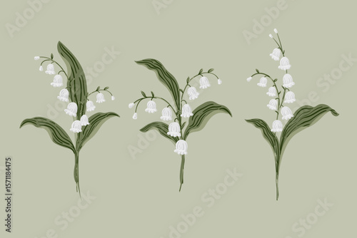 Lily Of the Valley Flower bouquets set. Hand painted botanical May Birth Month Flower collection