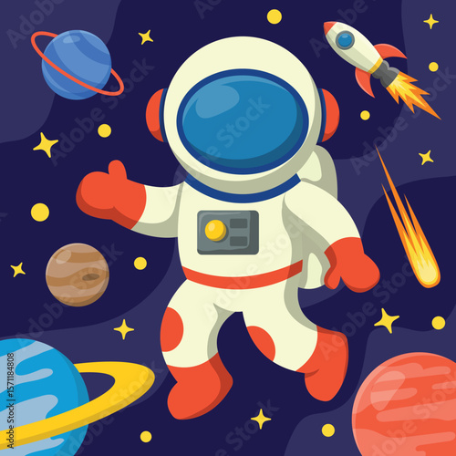Cute Astronaut Floating In Space Cartoon Vector Icon Illustration. Technology Science Icon Concept Isolated Premium Vector. Flat Cartoon Style.