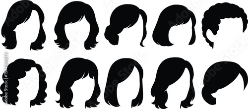 Collection of women wigs and hairstyles in silhouette.