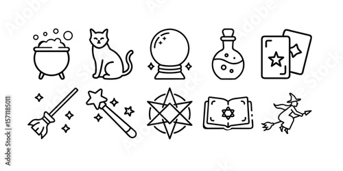 Halloween Icon Set – Witchcraft & Magic Elements, Line Art and Silhouette Vector Illustration Bundle