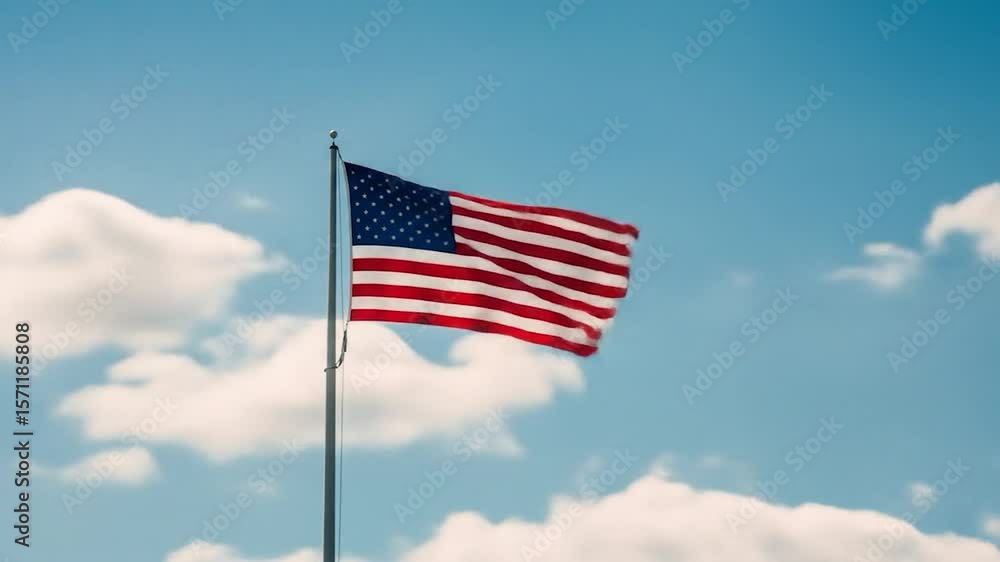American flag waving in the wind on blue sky and clouds, USA flag animation American flag waving in the wind on blue sky and clouds, USA flag animation