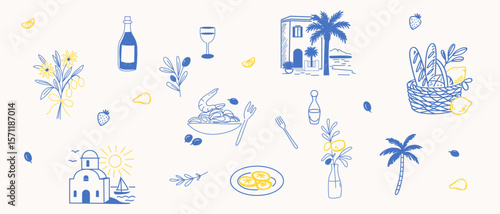 Sketch Vintage Amalfi Style Element. Mediterranean life Atmosphere Food Drink Symbol. Hand Drawn Travel Card, Wedding Invitation, Poster Print Design, Postcard Surface. Outline Line Stroke Icon Art.