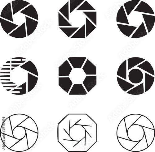 Collection of photographic aperture designs represented in a minimalist icon set featuring various geometric shapes and blade configurations for lens iris mimicry