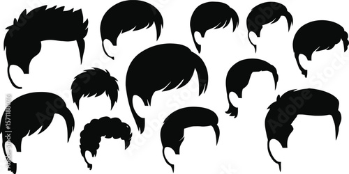 Silhouetted mens wig and haircut styles collection.