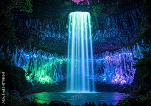 Nightfall waterfall, illuminated with vibrant colors
