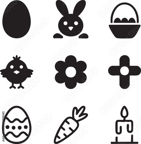Minimalist black and white easter icon set with bunny chick and eggs,featuring traditional spring symbols in a clean design