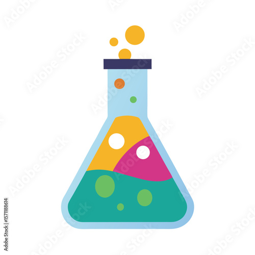 Colorful abstract chemical reaction in a laboratory flask with bubbles