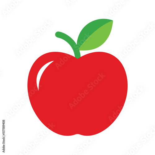 Simple red apple with green leaf and stem on white background
