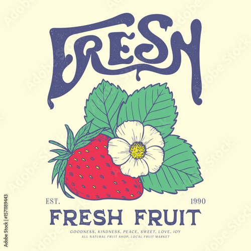 Strawberry illustration artwork, t-shirts, women's fashion with food vibes, trendy strawberry illustration artwork, summer fresh fruit. vintage retro graphics