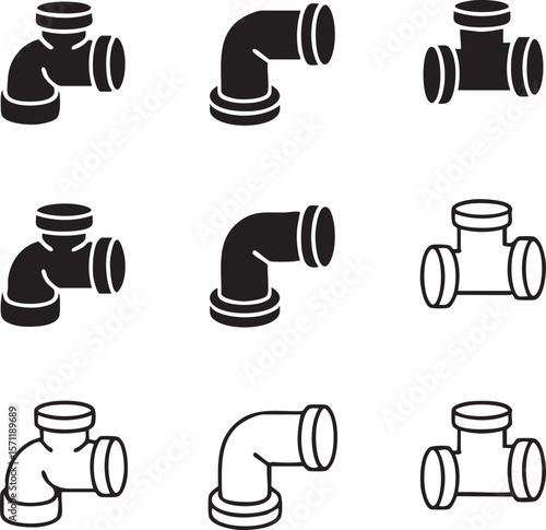 Plumbing pipe fittings in black and white silhouette style icon set various angles
