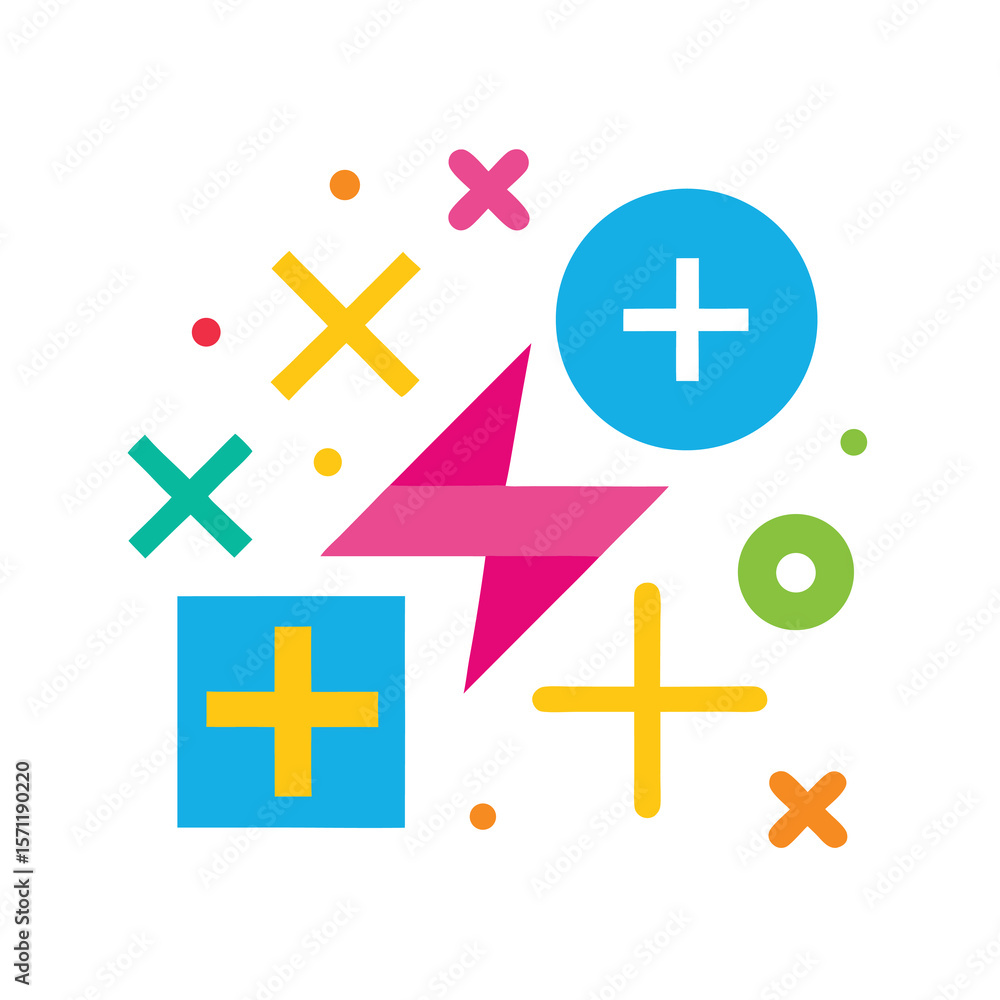 Fototapeta premium Playful abstract geometric shapes with plus signs and colorful dots