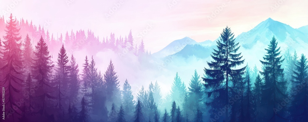 Fototapeta premium A serene forest landscape with tall pine trees and misty mountains in pastel hues of pink, purple, and blue during sunrise or sunset.