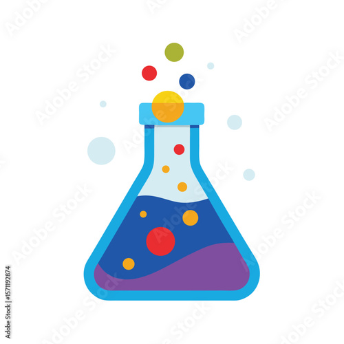 Flat design illustration of a science beaker with colorful bubbling liquid and spheres