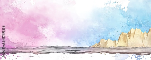 A watercolor landscape with pink and blue skies, rocky mountains, and a textured terrain below.