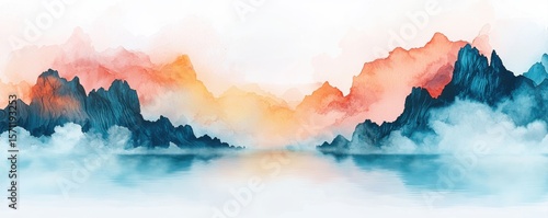 A serene watercolor landscape depicting misty mountains in blue and orange hues reflecting over calm water.