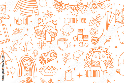 Cute autumn doodle outline seamless pattern. Orange fall background for kids fabric