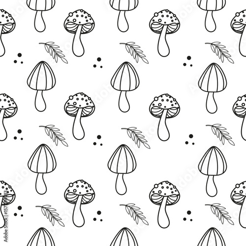 Mushroom doodle seamless pattern. Forest fungi outline background for coloring