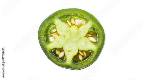 Fresh slices of green chili piece closeup  isolated on white, showcasing healthy, raw vegetarian food ingredients.