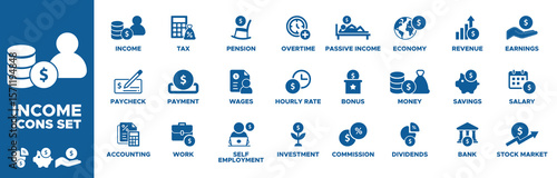 Income icon set. income icons, income, paycheck, accounting, work, payment, tax, pension, wages, self employment, investment, hourly rate, overtime icons. Solid icon collection. Vector illustration.
