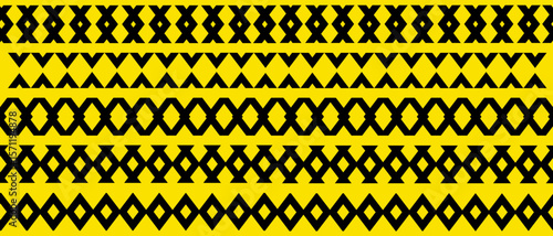 Vivid yellow background displaying with black geometric tribal patterns, arranged in artistic and repeating rows. Perfect for design, textile inspiration, or cultural art representations
