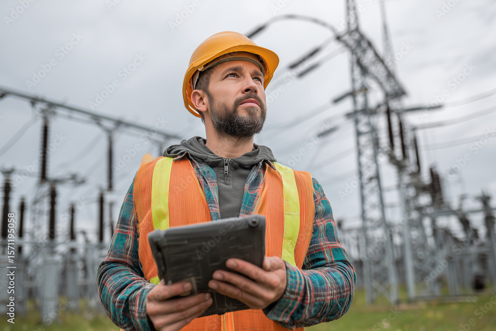 Obraz premium An electrical engineer inspecting a power substation in the field, wearing a hard hat and reflective vest, holding a tablet, high-voltage towers in the background