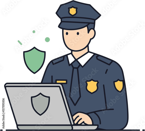 An illustration of a uniformed police officer working on a laptop, with a security shield icon displayed on the screen.

