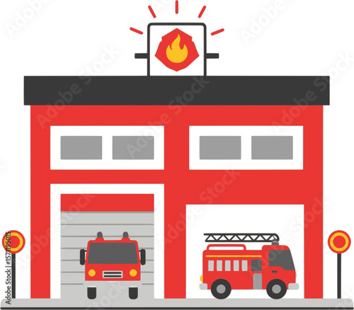 This is a flat-style illustration of a red fire station building with a fire truck parked in front.