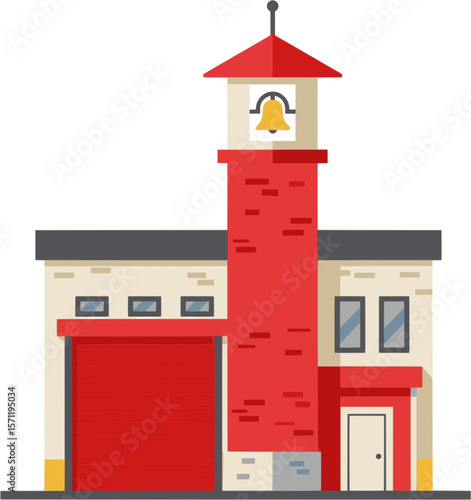 This is a flat-style illustration of a red fire station building with a fire truck parked in front.