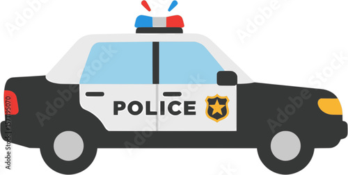 A side-view illustration of a black police car with flashing sirens

