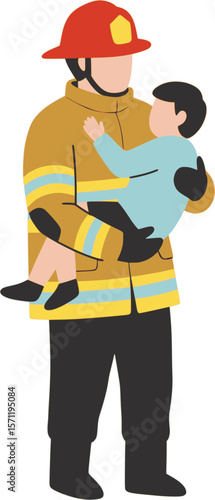 An illustration of a firefighter holding a rescued child, depicting an emotional rescue scene

