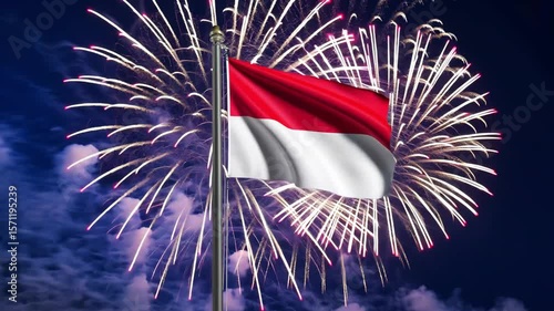 National flag independence state Indonesia, background fireworks. AI Generative