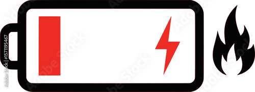 An illustration of a battery with low charge, lightning bolt, and flame icon indicating battery explosion or overheating warning