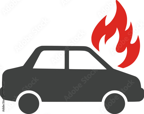 An illustration of a warning icon showing a car on fire, indicating a vehicle fire hazard