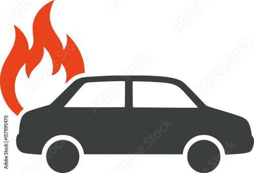 An illustration of a warning icon showing a car on fire, indicating a vehicle fire hazard