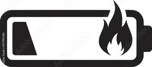 An illustration of a battery with low charge, lightning bolt, and flame icon indicating battery explosion or overheating warning