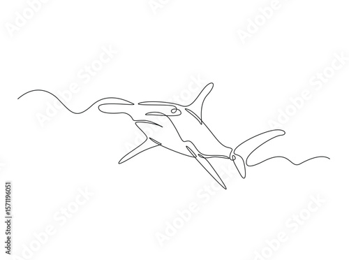 Hammerhead shark fish in single outline illustration. Continuous line art drawing of Hammerhead shark.