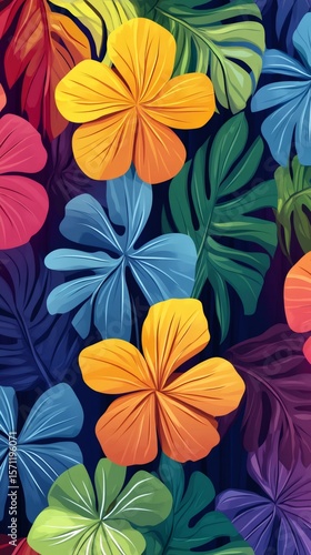 Wallpaper Mural Colorful tropical flowers and leaves creating vibrant jungle pattern Torontodigital.ca